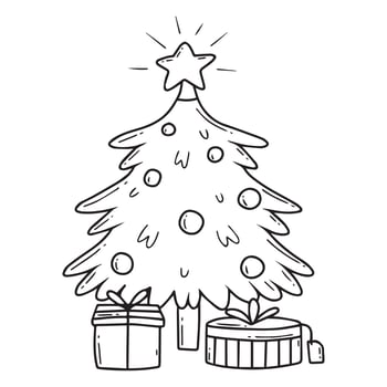Coloring book with Christmas tree and gifts. Children's coloring book. Doodle style. Vector illustration of a Christmas tree with gifts.