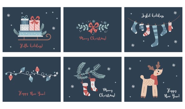 Vector set of Christmas and Happy New Year illustration postcards. design horizontal templates. Sleigh with gifts, Christmas sock, garland and deer. Xmas and New 2023 Year celebration preparation.