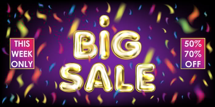 Big Sale golden lettering with colored confetti on the violet vector