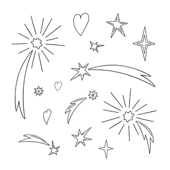 Shooting stars, stars, hearts, Christmas fireworks outline simple doodle vector illustration, hand drawn outline image for winter holidays greeting cards, invitations, banners, decor, stickers