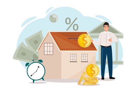 Man with a big coin, saving money for buying a house. Young man investing in the real estate. Real estate, home, property, mortgage loan concept illustration. vector
