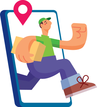 Flat design of delivery man carrying parcel and running out from smartphone png