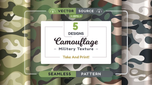 Camouflage seamless patterns, military texture, bundle war fabric vector