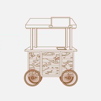 Editable Isolated Mobile Mini Wooden Food Cart Vector Illustration in Outline Style for Food and Drink Business Related Concept