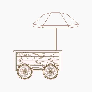 Editable Isolated Mobile Wooden Simple Food Cart Vector Illustration With Umbrella in Outline Style for Food and Drink Business Related Concept