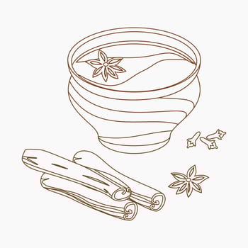 Editable Isolated Outline Style Top Side View Indian Masala Chai in Pottery Cup With Assorted Herb Spices for Artwork Element of Beverages With South Asian Culture and Tradition Design vector