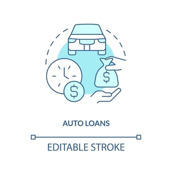 Auto loans turquoise concept icon. Bank product for customer. Financial support abstract idea thin line illustration. Isolated outline drawing. Editable stroke. vector