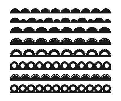 Scalloped edge seamless brush strokes set. Simple scalloped border. Fabric laces silhouette. Repeat cute vintage frill ornament. Texture ribbons. Vector illustration isolated on white background