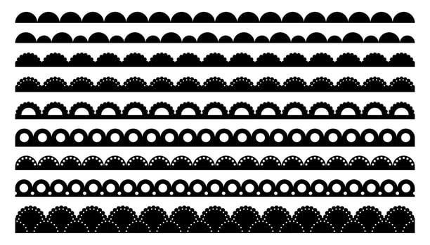 Scalloped edge seamless brush strokes set. Simple scalloped border. Fabric laces silhouette. Repeat cute vintage frill ornament. Texture ribbons. Vector illustration isolated on white background