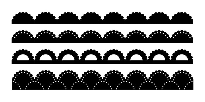 Scalloped edge seamless brush strokes set. Simple scalloped border. Fabric laces silhouette. Repeat cute vintage frill ornament. Texture ribbons. Vector illustration isolated on white background