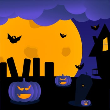 Background picture with a spooky castle, graveyard, bats and pumpkins on Halloween night. Vector elements for banner, holiday greeting card, Halloween party poster.