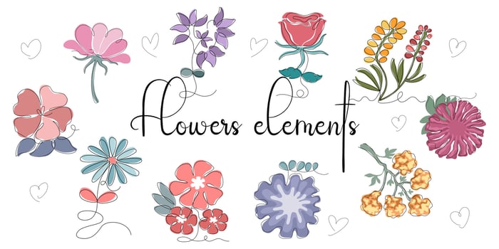 Flowers elements designed in vintage doodle style on white background. For decorations, wedding cards, digital prints, spring theme decorations, scrapbook and more vector