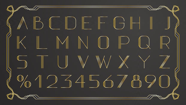 Retro gold thin retro font on black background. Vintage vector gold border.