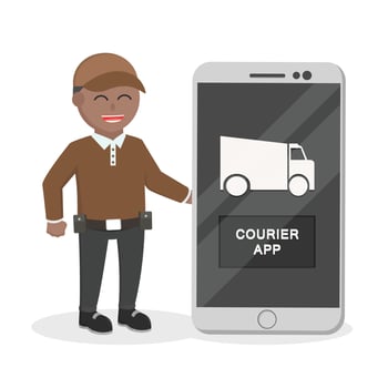 delivery man african with  smartphone delivery app design character on white background vector