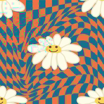 Retro Smile Chamomile Seamless Pattern on 1970 Wavy Swirl Seamless Pattern. Hippie Aesthetic. vector