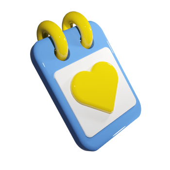 3d render of spiral calendar with big yellow heart. Minimal note pad with icon sign. Save the date or reminder illustration for appointment, meeting or holiday planning png