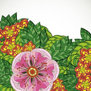 Vector illustration greeting card beauty and fashion. Background with flowers and leaves. Zentangl, doodling. Adult coloring books.