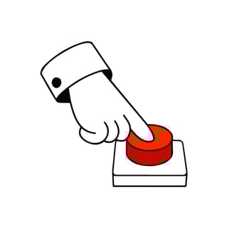 Finger presses the red button. Start and Launching a startup. Outline hand. Cartoon illustration vector