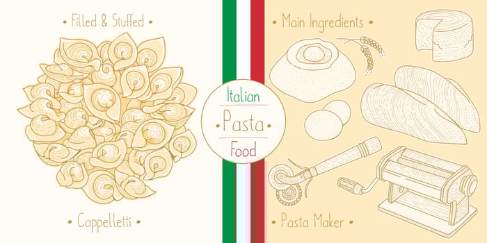 Cooking italian food stuffed Caooelletti Pasta with filling, ingredients and equipment vector