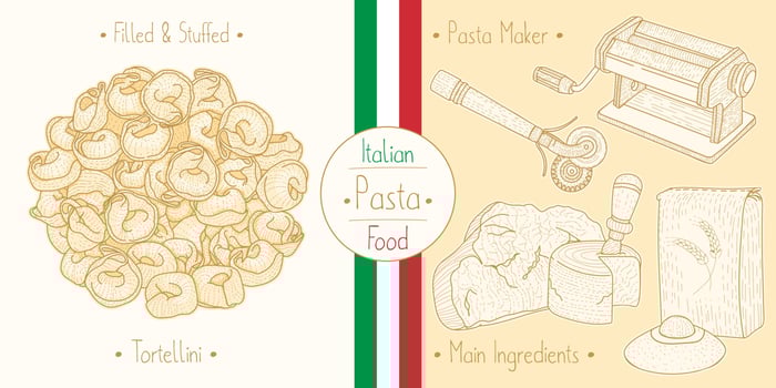 Cooking italian food stuffed Tortellini Pasta with filling, ingredients and equipment vector
