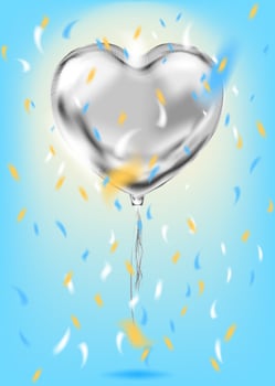 Silver Foil Heart Shape Balloon confetti on the blue background. Template for birthday celebration, party and any holiday events vector