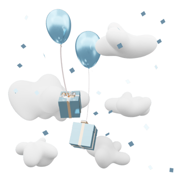 balloons and gift boxes floating in the sky cloudy day 3d illustration png