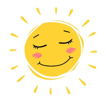 Hand drawn sun. Yellow warm object. Cartoon illustration. Children drawing. Heat and hot. Element of summer and nature vector