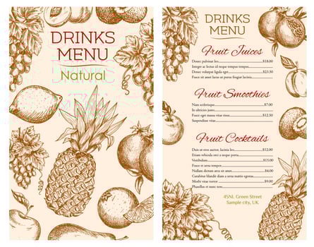 Fruit juice drinks menu of vector sketch fruits