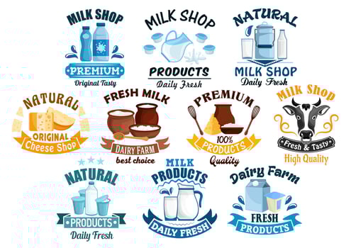 Milk shop and natural dairy products vector icons