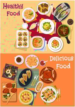 Seafood and meat dishes icon set for dinner menu vector