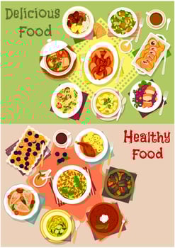 Dinner dishes top view icon set for food design vector