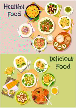 Dinner dishes with fish and cheese icon set design vector