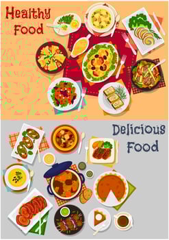 Dinner menu icon set with main dishes and dessert vector