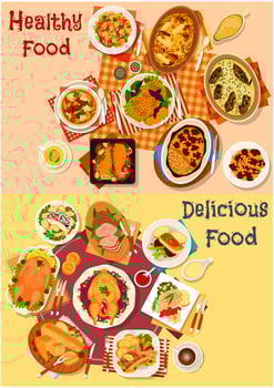 Baked fish and meat dishes icon set vector