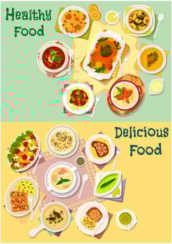 Meat, fish and mushroom dishes icon set design vector