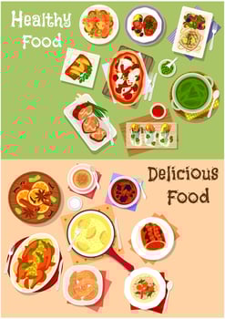 Dinner with chocolate dessert icon set design vector