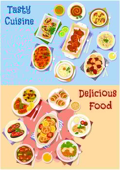 Vegetable and meat dishes icon set design vector