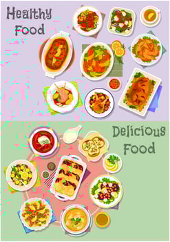 Hearty dishes icon set with fish, meat and veggies vector