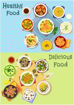 Tasty lunch menu icon set with seafood and meat vector