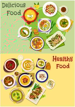 Soup dishes icon set for dinner, lunch menu design vector