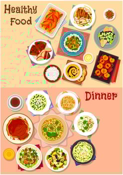 Healthy dinner dishes icon set for food design vector