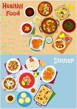 Lunch menu icon set with main dishes and dessert vector