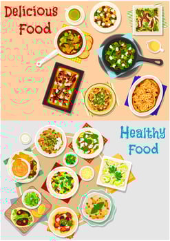 Tasty dishes for lunch menu icon set design vector