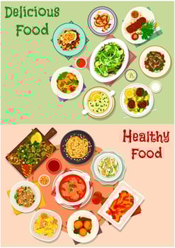 Dinner icon set with meat, vegetable and seafood vector