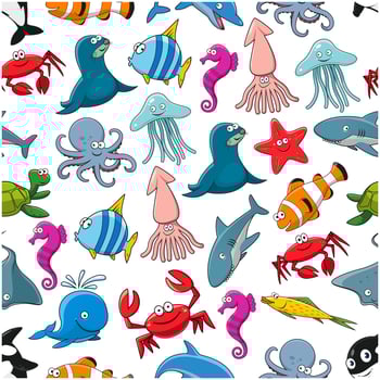 Cartoon fishes and ocean animals vector pattern