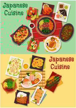 Japanese cuisine seafood and meat dishes icon vector