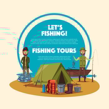 Fishing tour cartoon poster with fisherman camp vector