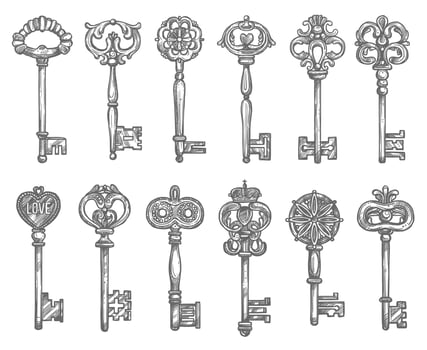 Old vintage key and antique skeleton sketch vector
