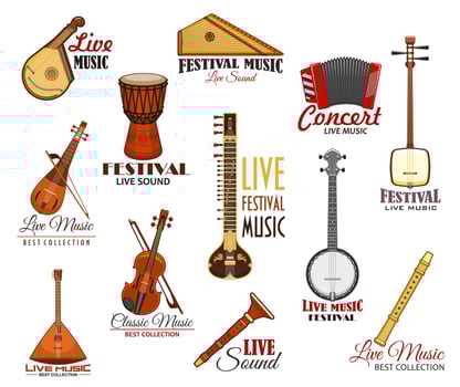 Vector icons set for live music festival concert