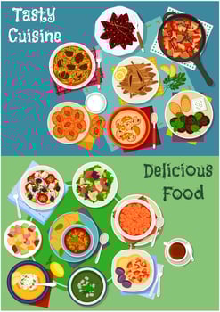 Greek and russian cuisine icon set for menu design vector